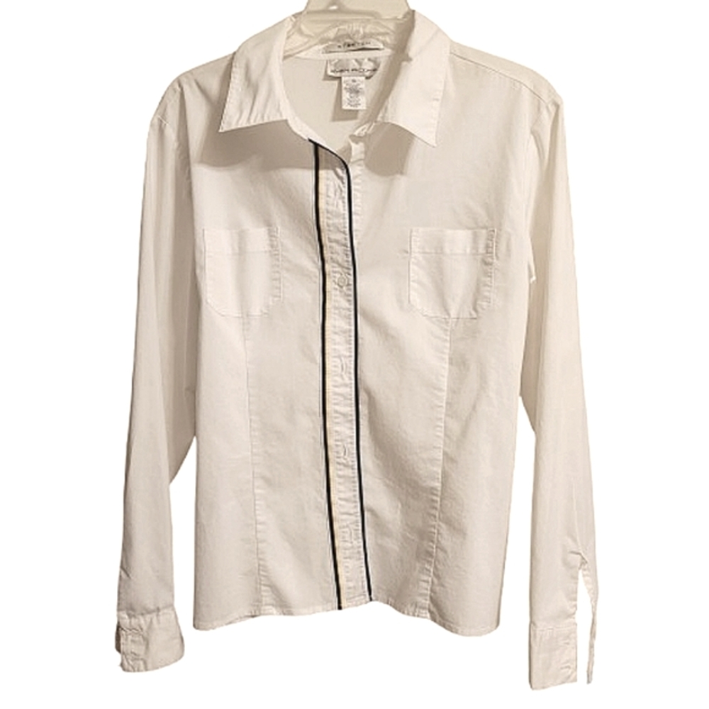 Evan Picone women's White  Cotton button-up Dress Shirt with blue strip Size 14